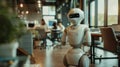 Futuristic office assistant robot navigating efficiently in a modern workplace