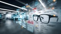 Futuristic office augmented reality smart glasses data visualization analytics dashboard digital interface business strategy Royalty Free Stock Photo