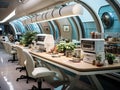 Futuristic office break room with smart kitchen