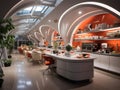 Futuristic office break room with smart kitchen