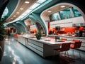 Futuristic office break room with smart kitchen