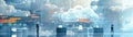 Futuristic office with cloud computing elements, people working seamlessly in a tech-centric environment
