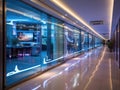 Futuristic office corridor with smart glass walls