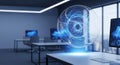 Futuristic office with data sphere and computer screen for ai and technology innovation research Royalty Free Stock Photo