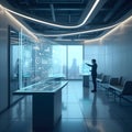Futuristic office with digital interface for data analysis Royalty Free Stock Photo