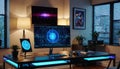 Futuristic Office with Dual Screens and Neon Lights