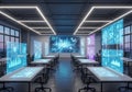 Futuristic office environment with holographic screens displaying data and graphs. Rows of desks Royalty Free Stock Photo