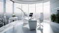 A futuristic office, grey and white, sleek white desk, a potted green plant in the corner