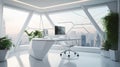 A futuristic office, grey and white, sleek white desk, a potted green plant in the corner