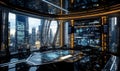 futuristic high tech control room with holographic displays and panoramic cityscape windows in a sleek modern design Royalty Free Stock Photo
