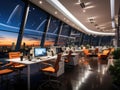 Futuristic office with illuminated smart glass partitions