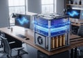 Futuristic office interior featuring a high-tech quantum computer on Royalty Free Stock Photo