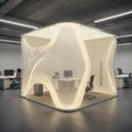 Futuristic office interior featuring a transparent, glass-walled cube with a soft, wavy Royalty Free Stock Photo