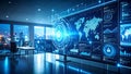 Futuristic office with large interactive display showing data analysis and global network connections. Royalty Free Stock Photo