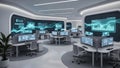 Futuristic office with multiple computer workstations and large screens Royalty Free Stock Photo
