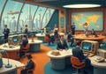 Men and women in suits work at curved desks with vintage computers displaying Royalty Free Stock Photo
