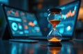 Futuristic office scene shows hourglass counting down. Digital screens display financial data, AI tech, analytics. Accountant Royalty Free Stock Photo