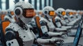 A futuristic office scene where multiple robots assist human employees with tasks, An advanced AI-driven workplace