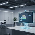 Futuristic office setting featuring a sleek, illuminated computer screen displaying a Royalty Free Stock Photo