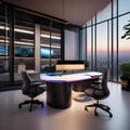 A futuristic office space with sleek, curved desks, ergonomic chairs, and interactive holographic screens3