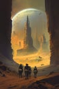 Futuristic oil painting illustration of a group of cloned farmers in an old-west futuristic sci-fi