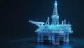 Futuristic oil rig blueprint graphic. Digital rendering on dark background. Advanced engineering concept depicts offshore oil Royalty Free Stock Photo