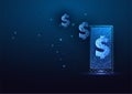 Futuristic online finance management concept with glowing smartphone and dollar signs on dark blue Royalty Free Stock Photo