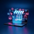 Online Shopping Laptop Storefront with Neon E-commerce Icons, Digital Business Concept, cyber monday, cyber monday shopi Royalty Free Stock Photo