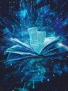 Futuristic open book with digital pages glowing in a vibrant blue light with a burst effect. Royalty Free Stock Photo