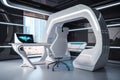 futuristic open office, with futuristic chair and desk in the foreground