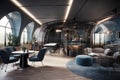 futuristic open office with communal spaces for collaboration, including meeting rooms and informal lounges