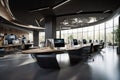 futuristic open office with digitally connected workspace and collaborative technology