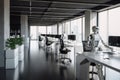 futuristic open office with robot companions, providing assistance and solutions to employees