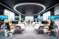 futuristic open office with sleek furniture, bright colors and high-tech gadgets on every desk