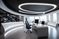 futuristic open office with sleek, futuristic furniture and lighting