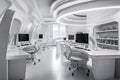 futuristic open office with sleek, minimalist design and advanced technology