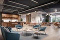 futuristic open office with sleek and modern furnishings, communal lounge areas, and collaborative work spaces