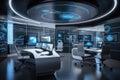 futuristic open office with touchscreens, integrated smart devices, and holographic projectors