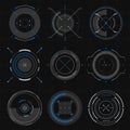 Futuristic optical aim, HUD compass, collimator sight, targets focus, military aim system, pointers, targets infographic