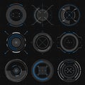 Futuristic optical aim, HUD compass, collimator sight, targets focus, military aim system, pointers, targets infographic elements