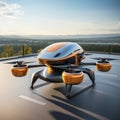 A futuristic orange and black passenger plane takes off from a runway near a modern city. VTOL electric vertical takeoff Royalty Free Stock Photo