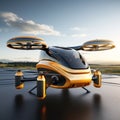 A futuristic orange and black passenger plane takes off from a runway near a modern city. VTOL electric vertical takeoff and Royalty Free Stock Photo