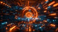 Futuristic Orange and Blue Digital HUD Interface on Dark Background. Concept of Cybersecurity, Data Analysis, and Advanced