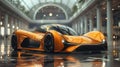 Futuristic orange car parked in a building with sleek automotive design