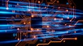 Futuristic Orange Circuit Board with Blue Light Streaks technology computer Royalty Free Stock Photo