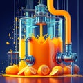 Futuristic orange juice factory with splashing liquid and whole and sliced oranges Royalty Free Stock Photo