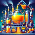 Futuristic orange juice manufacturing plant with robotic arms and steaming pipes