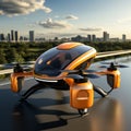 Futuristic orange passenger drone takes off from an airstrip near a modern city. Electric Vertical Take Off and Landing