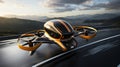 Futuristic orange passenger drone takes off from an airstrip near a modern city. Electric Vertical Take Off and Landing