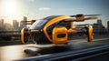 Futuristic orange passenger drone takes off from an airstrip near a modern city. Electric Vertical Take Off and Landing